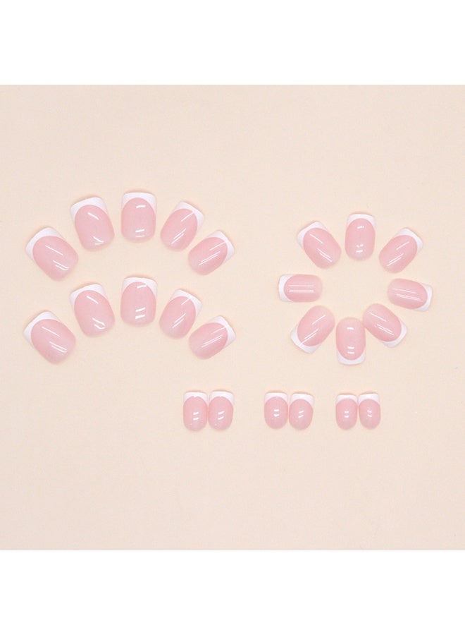 JOSQUEWNN 24pcs Press On False Nails,Short Pink Square White French Nail Art Sheets,Can Be Reused.Fake Acrylic Nails With Glue Kit. - Image 3